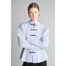 DeFacto %100 Pamuk Fitted Dik Yaka Çizgili Peplum Poplin Uzun Kollu Gömlek I8192AX26AU