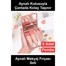 Wonara #makyajfırçası 5 Parça Aynalı Makyaj Fırçası Seti Taşınabilir Kutulu Mini Fondöten Pudra Far Dudak Kontür Aydınlatıcı Yumuşak Fiber Kıllı Seyahat Tipi Kozmetik Takım Hediyelik Kadın Pembe