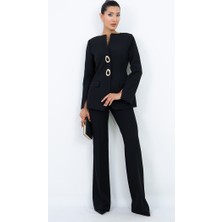 Dorne Moda Kadın Gold Halka Düğme Detaylı Ceket Pantolon Takım