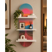 Onyx Lab Onyxlab Pembe Gün Batımı ve Yol Temalı 3 Raflı Oval Duvar Rafı, 70 x 25 Cm, Mdf