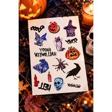 BP Tattoo Cadılar Bayramı (Halloween) Temalı Renkli Geçici Dövme Seti - Balkabağı, Yarasa, Kurukafa ve Cadı Figürlü