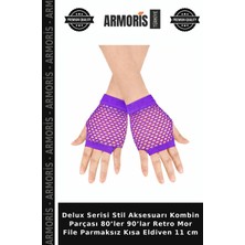 Armoris Delux Serisi Stil Aksesuarı Kombin Parçası 80’ler 90’lar Retro Mor File Parmaksız Kısa Eldiven 11 cm