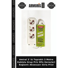 Armoris Amiral 3' Lü Topraklı 3 Metre Kablolu Grup Priz Ofis Gereçleri Bağlantı Aksesuarı Giriş Prizi