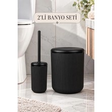 Okyanus Home Siyah Çizgili Yuvarlak 2'li Wc Kova ve Fırça Seti Suya Dayanıklı Malzeme ile