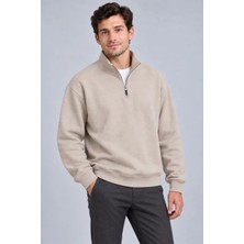 Erkek Üç Iplik Içi Şardonlu Dik Yaka Yarım Fermuarlı Kışlık Sweatshirt - Bej