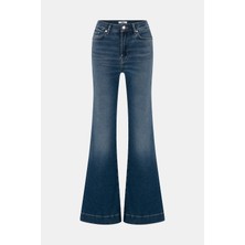 Denim Trip Flare Long Fit Orta Indigo Paça Detaylı Kadın Jean Pantolon