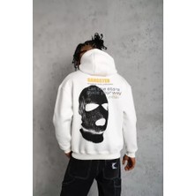 Erkek Kordonlu Maske Baskılı Kapüşonlu Sweat - Beyaz