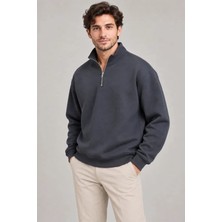 Erkek Üç Iplik Içi Şardonlu Dik Yaka Yarım Fermuarlı Kışlık Sweatshirt - Füme