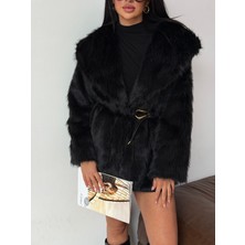 Dut Store Kadın Siyah Kemerli Şal Yaka Ara Boy Premium Suni Kürk Mont