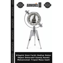 Armoris Kitaplık Süsü Farklı Hediye Dekor Objesi Dekoratif Gümüş Renkli Mekanizmalı Tripod Masa Saati