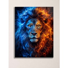 North Whiskers Ateş ve Buz Aslan A3 Metal Poster – Mavi Turuncu Alevli Aslan Portresi Dekoratif Duvar Tablosu