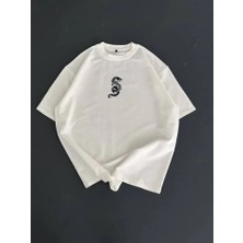 Baskılı Oversize Bisiklet Yaka T-Shirt - Beyaz