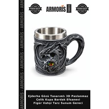Armoris Ejderha Gözü Tasarımlı 3D Paslanmaz Çelik Kupa Bardak Efsanevi Figür Vahşi Tarz Sunum Gereci