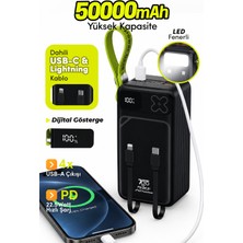 7go Gpw-13 50000 Mah 22,5W Hızlı Şarj Powerbank, Dahili Type-C ve Lightning Kablolu, Dijital Ekranlı, LED Aydınlatmalı