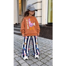 Cg Kids Ördek Baskılı Sweatshirt ve Çizgili Baskılı Eşofman Kız Çocuk 3 Iplik Alt Üst Takım