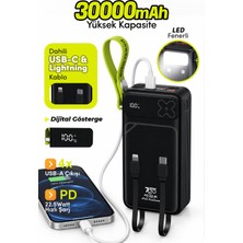 7go Gpw-12 30000 Mah 22.5W Hızlı Şarj Powerbank – Dahili Type-C ve Lightning Kablolu, Dijital Ekranlı, LED Aydınlatmalı