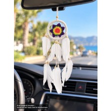 Araba Dikiz Ayna Süsü Renkli Örgü Detaylı Beyaz Tüylü Düş Kapanı Dreamcatcher Duvar ve Oda Süsü
