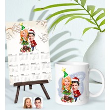 Bk Gift Kişiye Özel Sevgililer Yılbaşı Karikatürlü Kupa Bardak ve 13X18CM Fotoğraf Kartlı Şövaleli 2023 Takvim Hediye Seti-1