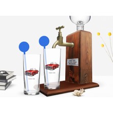 BK Gift Kişiye Özel Renkli Baskılı Retro Otomobil Ikili Vodka Bardağı ve Ahşap Vodka Standı Hediye Seti-2