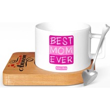 BK Gift Kişiye Özel En Iyi Anne Tasarımlı Ahşap Altlıklı Seramik Fincan - 4