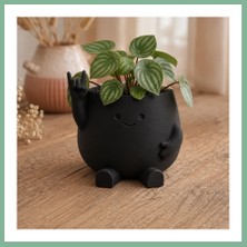 Bşk Virgo 3D Baskı Smiley Face Planter - Gülümseyen Karakterli Saksı-Siyah BSK2026