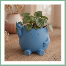 Bşk Virgo 3D Baskı Smiley Face Planter - Gülümseyen Karakterli Saksı-Mavi BSK2026