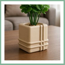 Bşk Virgo 3D Baskı Square Planter - Izgara Desenli Küp Saksı-Bej BSK2026