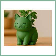 Bşk Virgo 3D Baskı Sevimli Kedi Saksı - Figürlü Sukulent Saksısı-Yeşil BSK2026