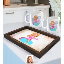 BK Gift Kişiye Özel Kadın Doğum Günü Karikatürlü Doğal Ahşap Tepsi ve 2’li Kupa Bardak Seti-2