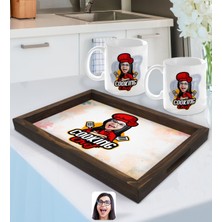 BK Gift Kişiye Özel Kadın Chef Karikatürlü Doğal Ahşap Tepsi ve 2’li Kupa Bardak Seti-11
