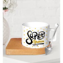 BK Gift Kişiye Özel Süper Öğretmen Ahşap Altlıklı Seramik Fincan-1