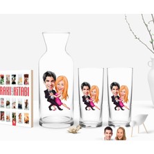 BK Gift Kişiye Özel Renkli Baskılı Sevgililer Karikatürlü Ikili Rakı Bardağı Karaf ve Cep Kitabı Hediye Seti-13