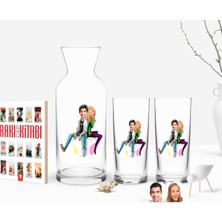 BK Gift Kişiye Özel Renkli Baskılı Sevgililer Karikatürlü Ikili Rakı Bardağı Karaf ve Cep Kitabı Hediye Seti-35