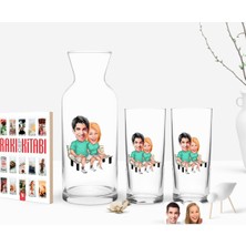 BK Gift Kişiye Özel Renkli Baskılı Sevgililer Karikatürlü Ikili Rakı Bardağı Karaf ve Cep Kitabı Hediye Seti-55