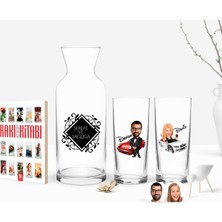BK Gift Kişiye Özel Renkli Baskılı Erkek ve Kadın Karikatürlü Ikili Rakı Bardağı Karaf ve Cep Kitabı Hediye Seti-2