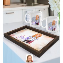 BK Gift Kişiye Özel Kadın Eczacı Karikatürlü Doğal Ahşap Tepsi ve 2’li Kupa Bardak Seti-3