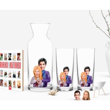 BK Gift Kişiye Özel Renkli Baskılı Sevgililer Karikatürlü Ikili Rakı Bardağı Karaf ve Cep Kitabı Hediye Seti-89