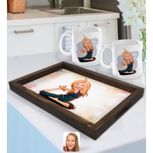 BK Gift Kişiye Özel Kadın Yoga Karikatürlü Doğal Ahşap Tepsi ve 2’li Kupa Bardak Seti-2