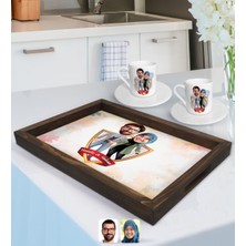 BK Gift Kişiye Özel Isimli Sevgililer Karikatürlü Doğal Ahşap Tepsi ve 2’li Kahve Fincan Seti-60