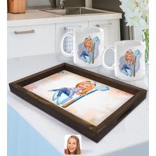 BK Gift Kişiye Özel Kadın Diş Hekimi Karikatürlü Doğal Ahşap Tepsi ve 2’li Kupa Bardak Seti-2