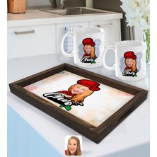 BK Gift Kişiye Özel Kadın Chef Karikatürlü Doğal Ahşap Tepsi ve 2’li Kupa Bardak Seti-10