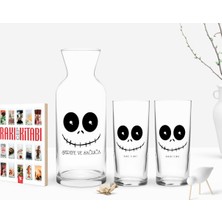 BK Gift Kişiye Özel Renkli Baskılı Sevimli Korkunç Yüz Tasarımlı Ikili Rakı Bardağı Karaf ve Cep Kitabı Hediye Seti-1