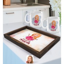 BK Gift Kişiye Özel Kadın Doğum Günü Karikatürlü Doğal Ahşap Tepsi ve 2’li Kupa Bardak Seti-1