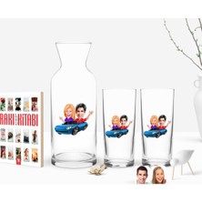 BK Gift Kişiye Özel Renkli Baskılı Sevgililer Karikatürlü Ikili Rakı Bardağı Karaf ve Cep Kitabı Hediye Seti-52