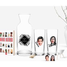 BK Gift Kişiye Özel Renkli Baskılı Yüz Karikatürlü Ikili Rakı Bardağı Karaf ve Cep Kitabı Hediye Seti-2