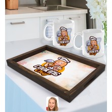 BK Gift Kişiye Özel Kadın Chef Karikatürlü Doğal Ahşap Tepsi ve 2’li Kupa Bardak Seti-15