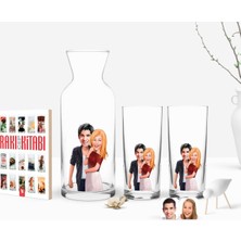 BK Gift Kişiye Özel Renkli Baskılı Sevgililer Karikatürlü Ikili Rakı Bardağı Karaf ve Cep Kitabı Hediye Seti-90