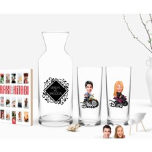 BK Gift Kişiye Özel Renkli Baskılı Erkek ve Kadın Karikatürlü Ikili Rakı Bardağı Karaf ve Cep Kitabı Hediye Seti-7