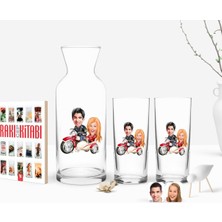 BK Gift Kişiye Özel Renkli Baskılı Sevgililer Karikatürlü Ikili Rakı Bardağı Karaf ve Cep Kitabı Hediye Seti-12