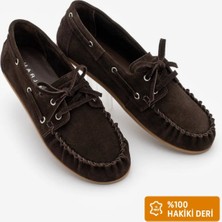 Marjin Kadın Oval Burun Hakiki Deri Bağcıklı Makosen Büzgülü Loafer Günlük Ayakkabı Rudez Kahve Süet